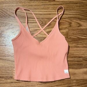 Vuori Ribbed Criss Cross Crop Tank Top Size Small Dainty Pretty Salmon Pink Cute
